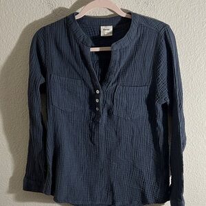 Mote Gauzy Henley Shirt Size Gray Long Sleeve V-Neck 100% Cotton Size L